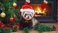 Ferret in Santa hat next to Christmas tree and fireplace with stockings Royalty Free Stock Photo