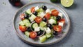 Greek salad with feta cheese olives and vegetables on stoneware plate Royalty Free Stock Photo