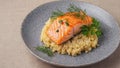 Salmon fillet on bed of quinoa with dill and parsley on ceramic plate Royalty Free Stock Photo