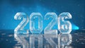 2026 Carved Ice Numbers On Reflective Surface. Winter Typography In Cool Blue Light For Seasonal Design Concepts Royalty Free Stock Photo