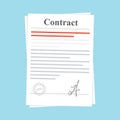 Signed paper deal contract icon agreement. Document with a stamp and a signature. Flat illustration on blue Royalty Free Stock Photo