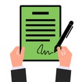 Signed paper deal contract icon agreement pen, Businessman holding contract Royalty Free Stock Photo