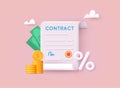 Signed paper deal contract with percent icon agreement. 3D Vector Illustrations Royalty Free Stock Photo