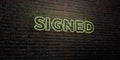 SIGNED -Realistic Neon Sign on Brick Wall background - 3D rendered royalty free stock image