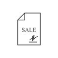 Signed sales document icon. A simple line drawing of a piece of paper, text and a signature. Isolated vector on white