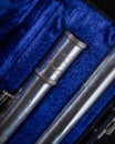 Signet Selmer Special Sterling Silver Flute with Blue Crushed Velvet Hard Case keys close up brand close up Royalty Free Stock Photo