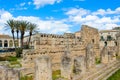 Significant ancient Greek ruins of the Temple of Apollo in Ortigia Island, Syracuse, Sicily, Italy. Colonnade remnants. Palm trees Royalty Free Stock Photo