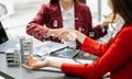 Signing a contract. Client and broker agent, lease agreement, successful deal and  Young business sitting at the desk in office Royalty Free Stock Photo