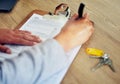 . Signing contract, document and paper closeup of banker, client or worker, writing or filling out information on Royalty Free Stock Photo