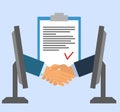 Signing of a contract online. Business handshake for deal and teamwork concept. the international cooperation. shaking hands on a Royalty Free Stock Photo