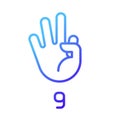 Signing digit nine in ASL pixel perfect gradient linear vector icon
