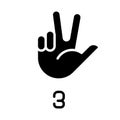 Signing digit three in ASL black glyph icon