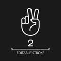 Signing digit two in ASL pixel perfect white linear icon for dark theme