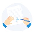 Signing document. Pen in businessman hand, clipboard folder with business documents and signed paper vector illustration