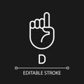 Signing letter D in ASL pixel perfect white linear icon for dark theme