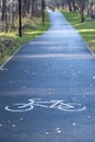 A signpost or bicycle road sign painted on the asphalt in a city park. Royalty Free Stock Photo