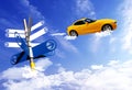 Signpost with car on blue sky background. Royalty Free Stock Photo