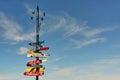 Signpost with colorful directional signs and distances to different towns