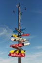 Signpost with colorful directional signs and distances to different towns