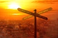 Signpost with a heatwave text direction on the city with the glowing sun background