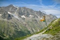 Signpost on hiking trail from Kreuzboden to Saas-Almagell with beautiful views