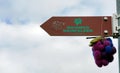 Signpost of hiking trail in vineyards in Switzerland canton Thurgau in German language. Royalty Free Stock Photo