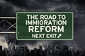 Signpost with Immigration reform word under storm