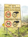Signpost indicating speed limit on dry and wet roads on Comandante JoÃÂ£o Ribeiro de Barros Highway