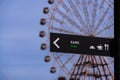 Signpost with the inscription cafe on the background of a blurred ferris wheel in the park