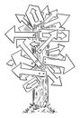 Confusing Signpost with Many Arrows, Decide and Choose Right Way , Vector Cartoon Illustration