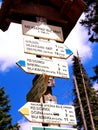 Signpost on a mountain road, wooden pole with arrows, mileage, summer hiking in the mountains, sunny day, blue sky with white