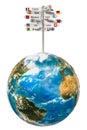 Signpost with names of countries with Earth Globe, 3D rendering Royalty Free Stock Photo