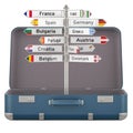 Signpost with names of countries inside suitcase. Travel concept. 3D rendering
