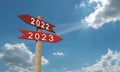 signpost roadsign banner arrow direction two way 2022 2023 number time calendar merry christmas happy new year december january