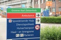 Signpost sign at the Groene Hart Hospital in Gouda with route for emergency and ambulances