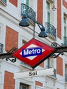 Signpost of Sol metro station in the center of Spanish capital in Madrid, Spain