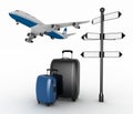 Signpost, suitcases and airplane. Travel concept.