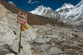 Signpost to the Mount Everest Base Camp with Nuptse mountain in Royalty Free Stock Photo