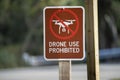 Signpost with warning about drone usage prohibition in state park. Warning notice against using UAV and quadcopters