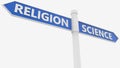 Signpost in white with religion and science concepts