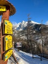 Signpost in the winter mountains with snow and clear blue sky,high tatras Slovakia Royalty Free Stock Photo