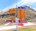 Signpost written in German tells various hiking trails, Zermatt, Switzerland. Blumenweg is blumen trail, murmelweg is marmot trail Royalty Free Stock Photo