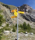 Signpost written in German of various hiking trails, Zermatt, Switzerland. weg means trail, furi is cable car, garten is garden, g Royalty Free Stock Photo