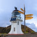 Signpost with yellow arrows by Cape Reinga lighthouse, New Zealand Royalty Free Stock Photo