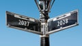 Signposts the direct way to 2028 versus 2027 Royalty Free Stock Photo