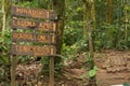 Signposts at Rio Celeste trail in Parque Nacional Volcan Tenorio in Costa Rica