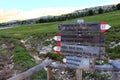 Signs of alpine trekking paths in the Dolomites, Italy