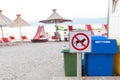 Signs announcing the ban on dogs on the beach. Royalty Free Stock Photo