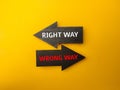 Signs with arrows pointing in opposite directions, one labeled right way and the other wrong way Royalty Free Stock Photo