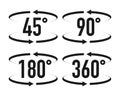 Signs with arrows to indicate the rotation or panoramas to 45, 90, 180 and 360 degrees. Vector illustration.